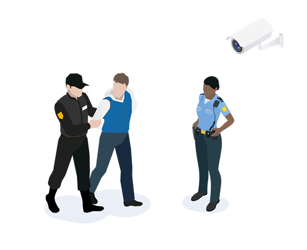 Security cameras capture a theft in progress, followed by the immediate arrest of the suspect by security personnel.